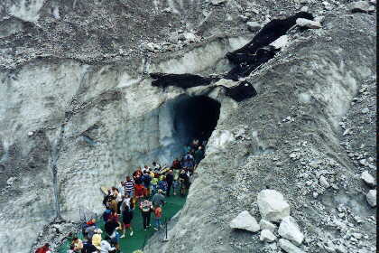 The entrance to an artificial ice cave within the Mer de Glace glacier.