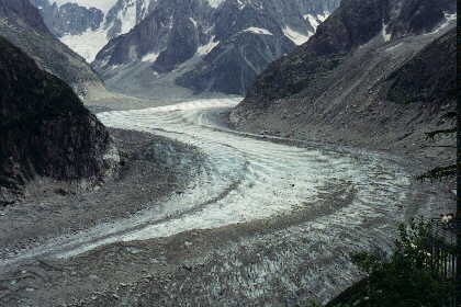The Mer de Glace glacier with characteristic grooves arising from its slow movement.