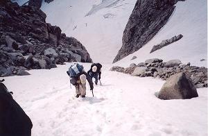 climbing the snow chute